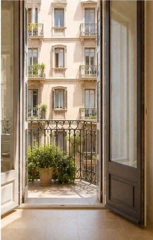 View from a Barcelona balcony onto a restored classic façade, framing indoor-outdoor Mediterranean living