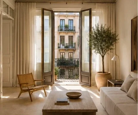 High-end Mediterranean living room in a Barcelona apartment with olive tree, linen sofa and balcony doors