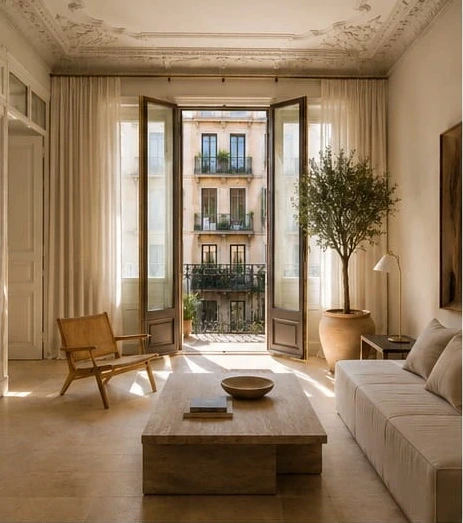 High-end Mediterranean living room in a Barcelona apartment with olive tree, linen sofa and balcony doors