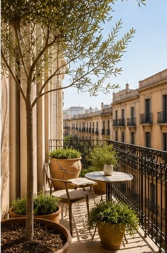 Barcelona balcony styled with an olive tree and terracotta pots overlooking a classic façade