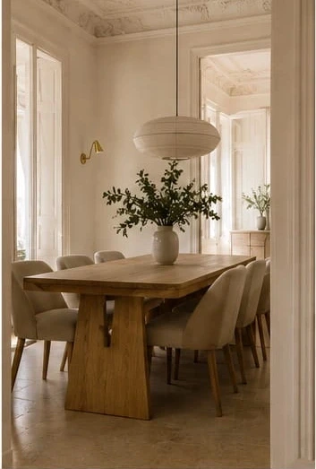 Mediterranean dining room with a solid oak table, paper pendant lamp and fresh greenery