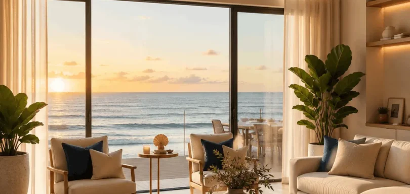 how to furnish a second home in Europe — a finished, move-in-ready coastal living room.