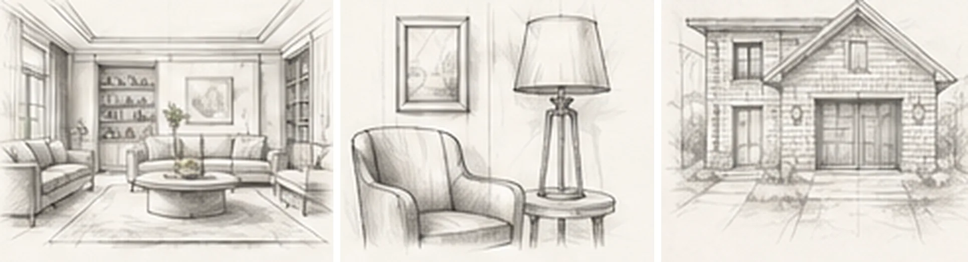 Interior design process sketches: living room layout, furniture styling detail and architectural concept drawing