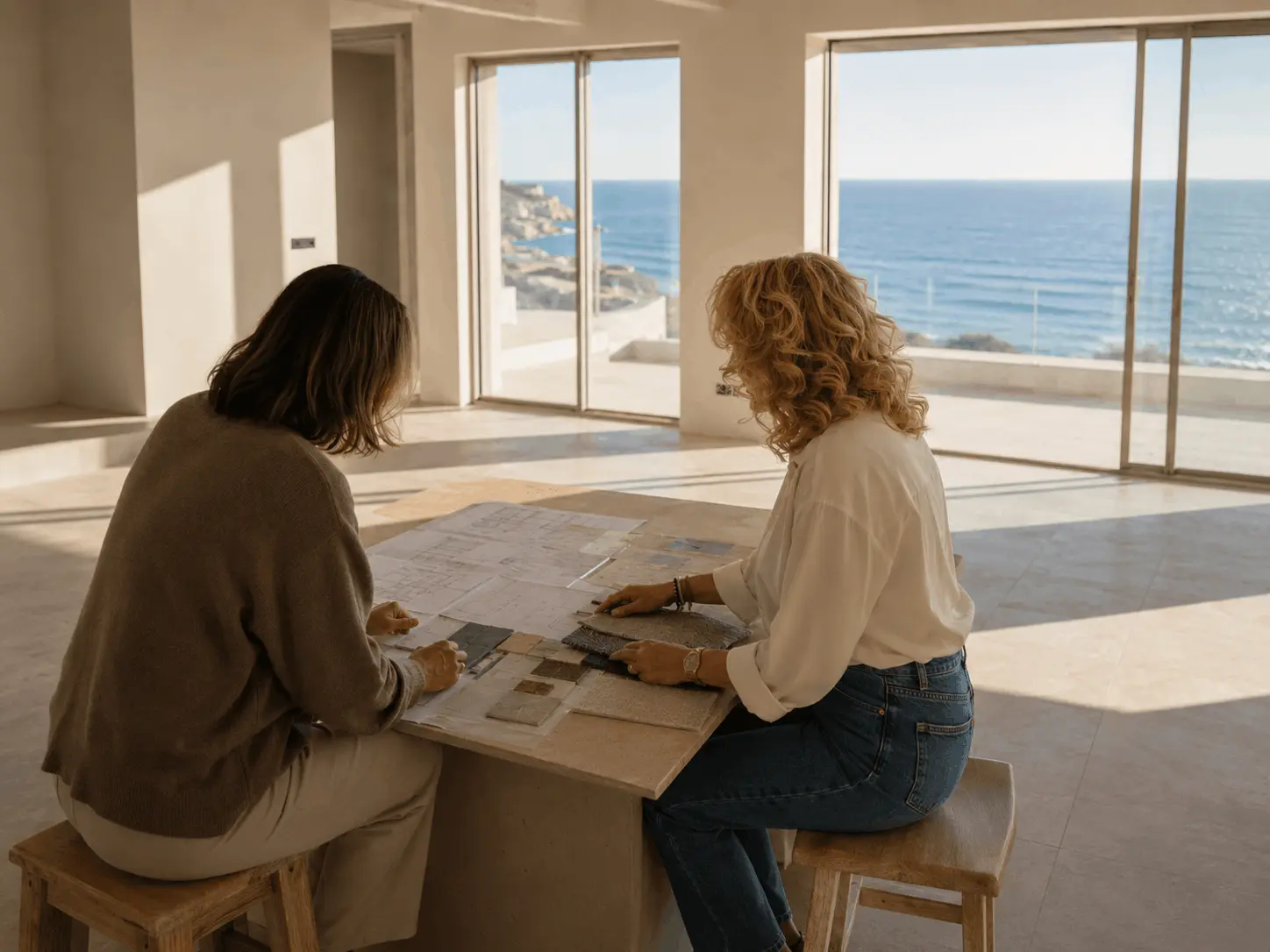 interior designer for a second home in Europe reviewing a furnishing plan on site.