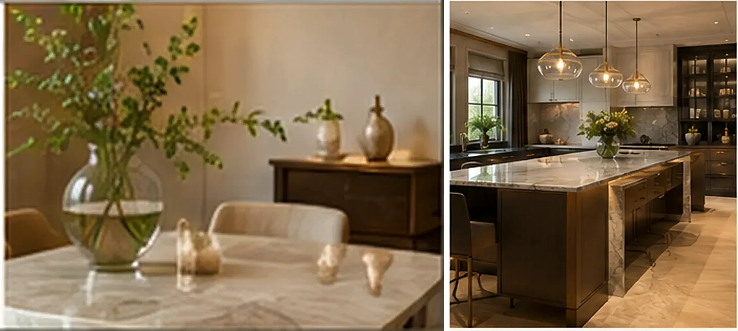 Luxury interior design details: a marble dining table with a glass vase of greenery beside a bespoke kitchen with a stone island and pendant lighting