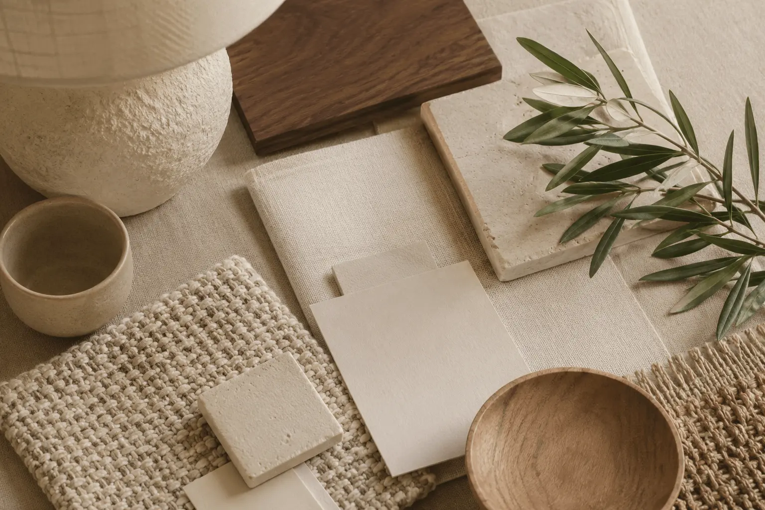 warm neutral palette and natural materials chosen for a European holiday home.
