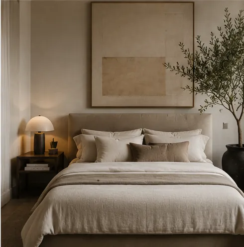 Timeless bedroom with linen bedding, neutral tones and an olive tree by the bed