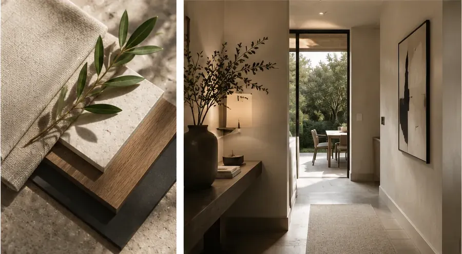 Timeless design details: natural material samples in linen, stone and wood beside a serene entryway hallway with olive branches