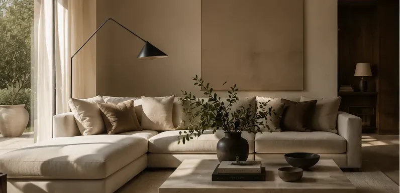 Timeless interior design living room in a neutral palette with linen sectional, arc lamp and olive branches