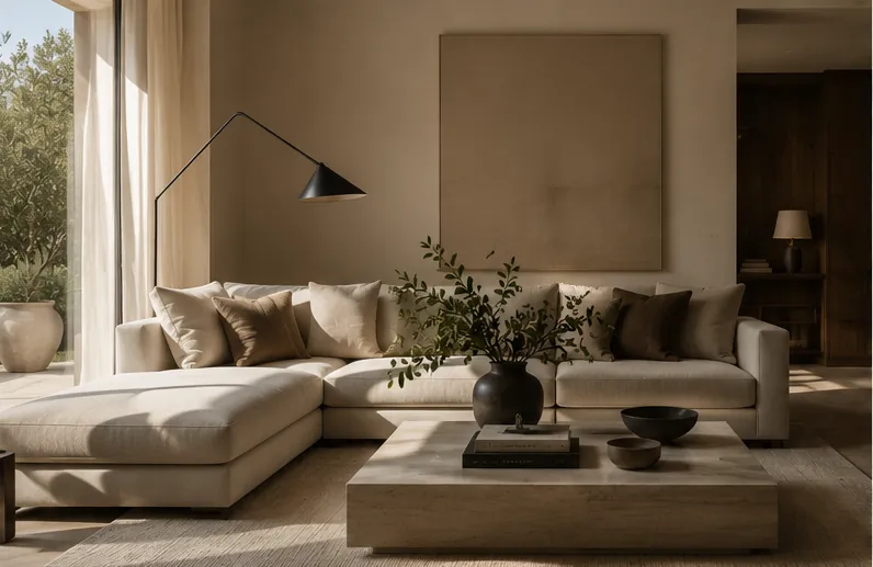 Timeless interior design living room in a neutral palette with linen sectional, arc lamp and olive branches
