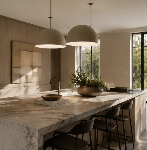 Timeless kitchen with a marble island, dome pendants and natural light