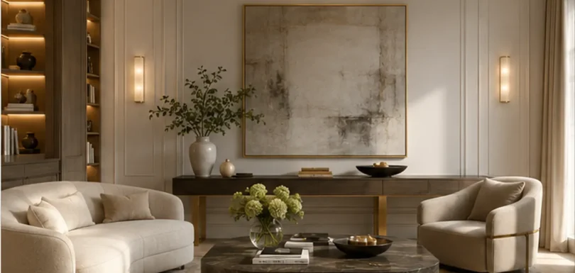 Elegant living room by a luxury interior designer with a curved sofa, marble coffee table and a large abstract artwork