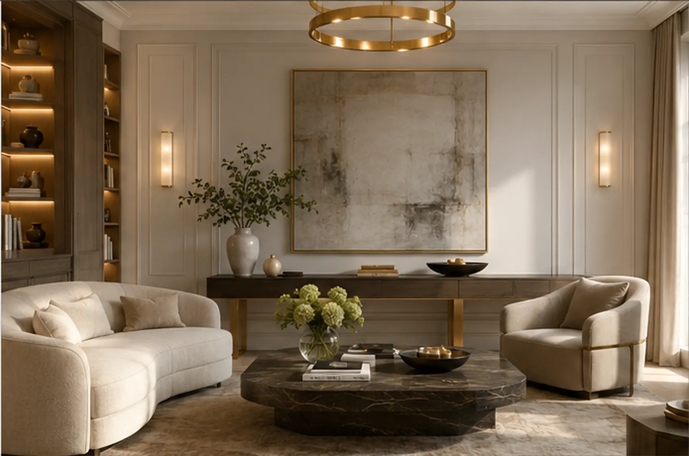 Elegant living room by a luxury interior designer with a curved sofa, marble coffee table and a large abstract artwork