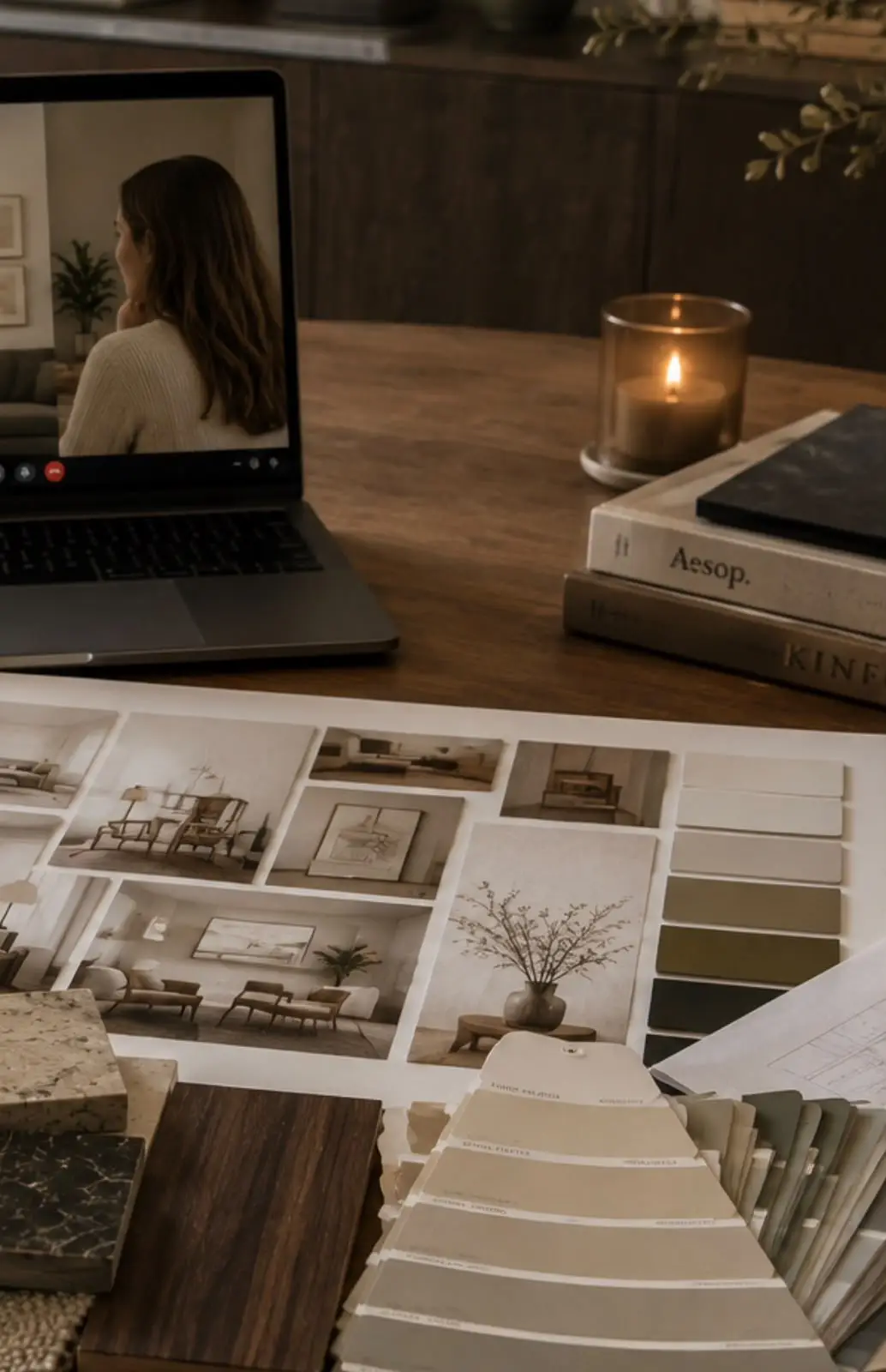 Remote interior design consultation with material samples and moodboard